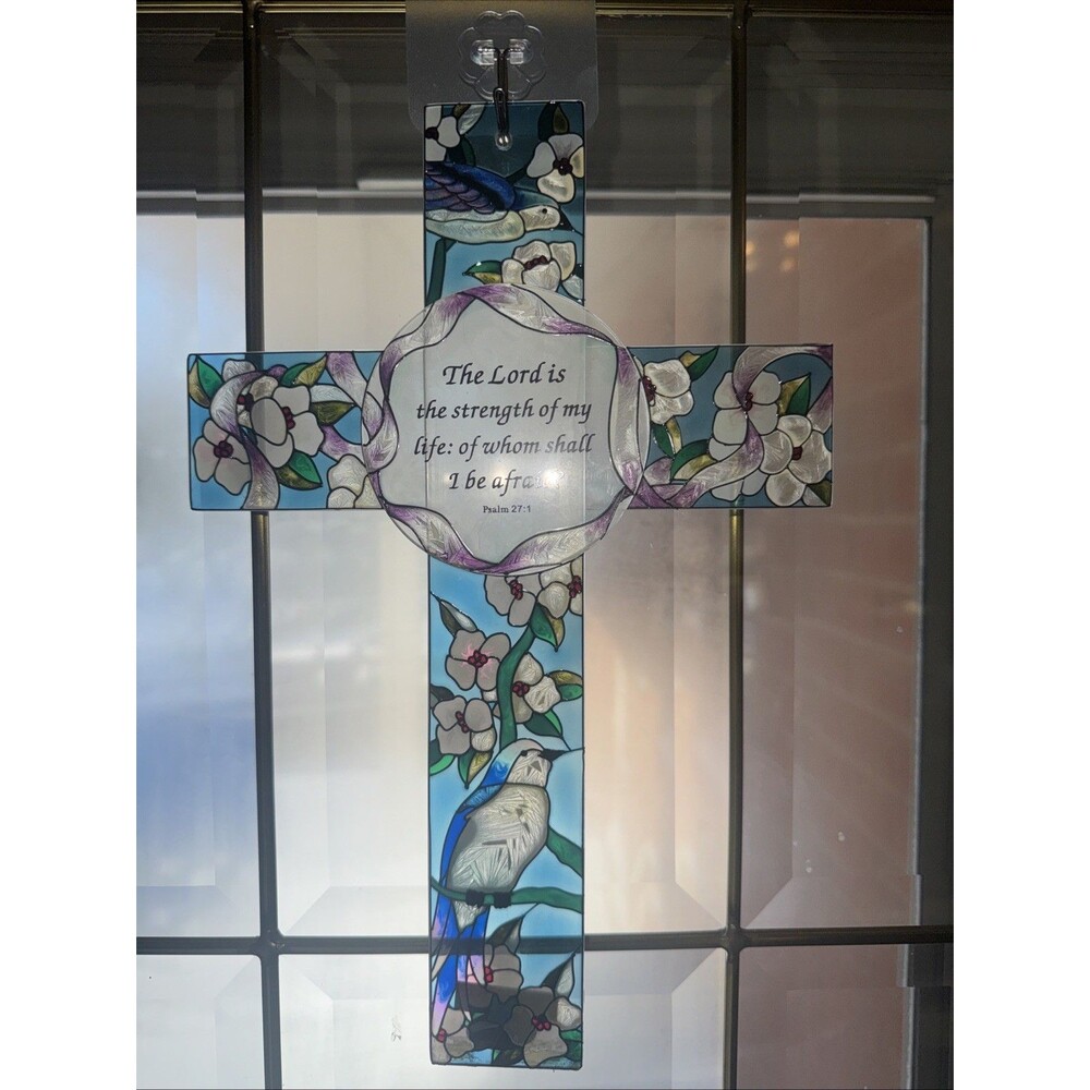 AMIA Hand Painted Stained Glass Cross Ps 27:1 Lord Is Strength, Blue Bird Floral